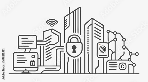 Cyber City Security: This striking illustration captures the essence of digital security within a futuristic cityscape.