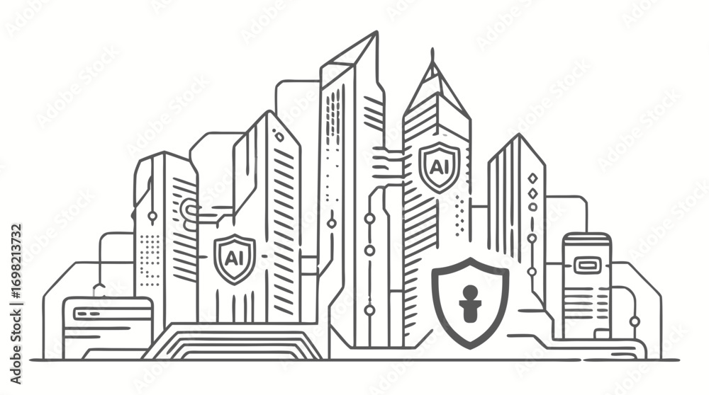 Fototapeta premium Secure AI Cityscape: Depicts a digitally enhanced cityscape safeguarded by artificial intelligence, symbolizing smart urban development. Focus on advanced technology and secure digital networks.