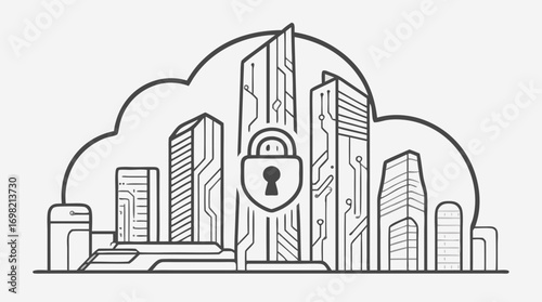 Cybersecurity Citadel: A modern depiction of a protected cityscape, symbolizing digital security and technological safeguarding, rendered in a contemporary art style.