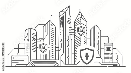 Secure AI Cityscape: Depicts a digitally enhanced cityscape safeguarded by artificial intelligence, symbolizing smart urban development. Focus on advanced technology and secure digital networks.