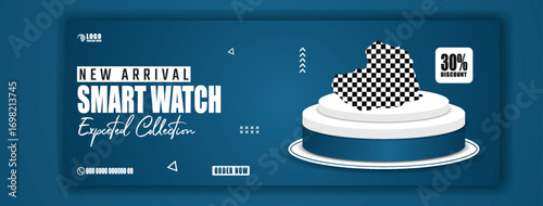 Modern smartwatch displayed on a tiered cake stand with futuristic design elements and text
