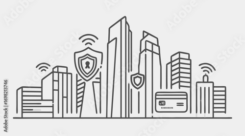 Cyber-secured City: A modern cityscape illustration, interwoven with the concept of data protection and secure transactions, symbolized by shields and digital payment solutions.