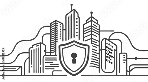 City Security Shield: A stylized cityscape with a shield overlaid, symbolizing urban security, safety, and data protection in a modern, digital era.