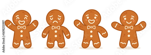 Set of cute gingerbread man character cookies with different emotions. Christmas holiday cartoon vector illustration isolated on white background.