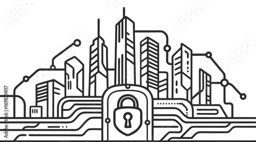 Cybersecurity in Cityscape: A graphic depicting a modern cityscape, interwoven with digital circuits and secured by a lock, symbolizing the essential nature of cybersecurity in an urban environment.