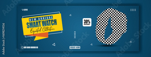 Modern orange smartwatch displaying time and notifications on a stylish blue background with graphic elements