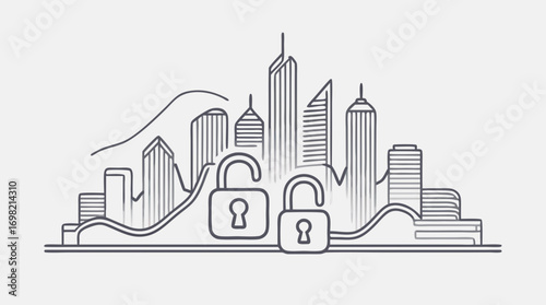 City Security Unlock: A digital cityscape with stylized skyscrapers and interconnected unlock padlocks representing technological innovation, the dynamic development, and urban progress.
