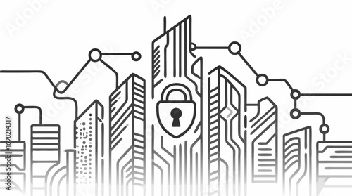 Cybersecurity in the Cityscape: A stark black-and-white illustration depicts a cityscape, integrated with digital circuits, symbolizing robust protection.