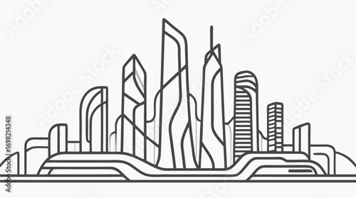 Modern City Skyline: An artistic, vector-style representation of a contemporary city skyline, featuring sleek skyscrapers and architectural marvels in monochromatic detail.