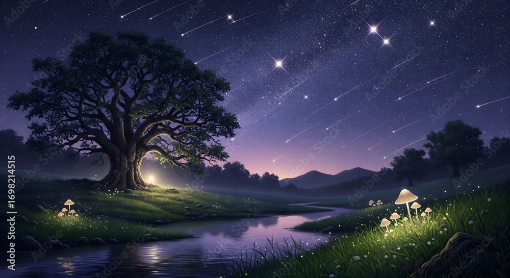 Naklejka premium Enchanted Forest Under a Starry Night Sky with Glowing Mushrooms