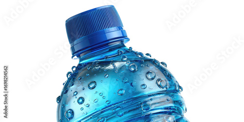 Close-up of a blue plastic water bottle with condensation