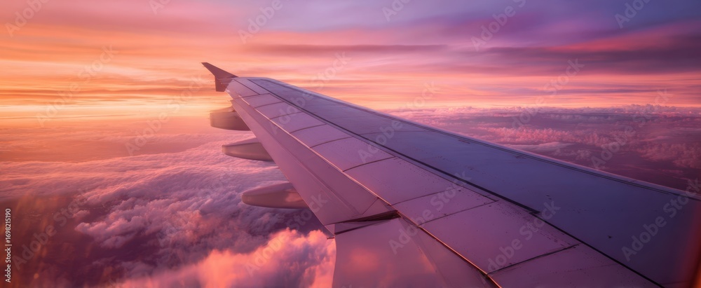 Obraz premium The Airplane Wing Over Colorful Sunset Clouds Creating Breathtaking Aerial Tranquil Panorama