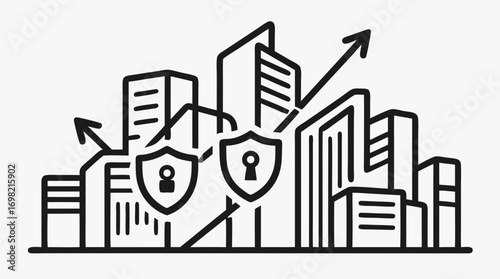 Secure City: A stylized illustration of a city skyline protected by a shield featuring a lock, with growth arrows indicating urban and infrastructural expansion.