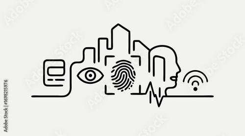 Smart City: A futuristic line art illustration of a smart city concept, highlighting interconnected technologies like biometrics, data analysis, and communication networks.