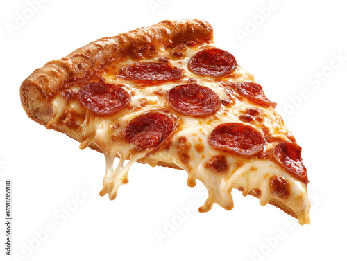Close-up pizza slice, pepperoni and cheese, melted