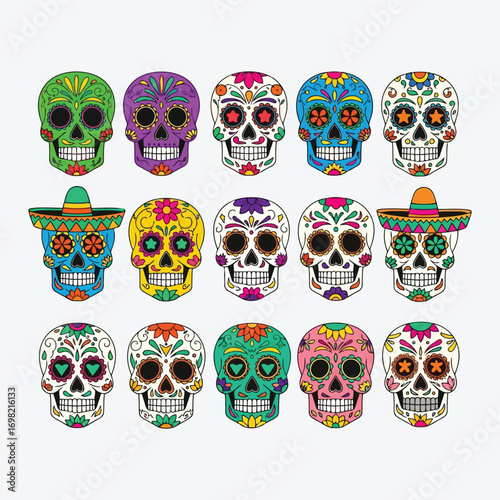 Vibrant sugar skull collection day of the dead festive skulls with intricate designs vector