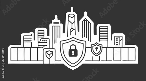 Digital Shield: A stylized skyline illustrates the concept of cybersecurity, showcasing a prominent shield with a padlock, embodying secure data and network safety within a digital environment.