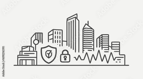 Cyber City Shield: A vector illustration showcases an urban landscape safeguarded by digital security features, highlighting the interconnectedness of technology and urban life.