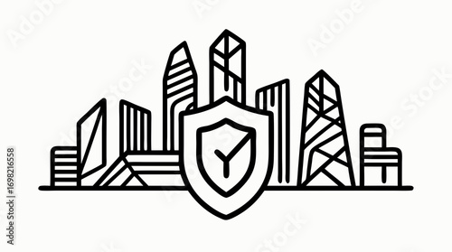 Cityscape security: A sleek, minimalist illustration of a modern cityscape, protected by a prominent shield, symbolizing urban safety and architectural resilience.