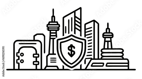 Cityscape Assurance: A strong emblem of financial security shields a detailed skyline, illustrating concepts of investment, protection, and robust city development.