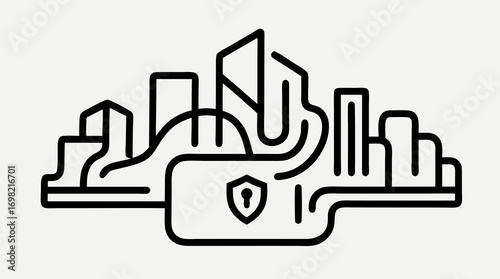 City Skyline Security: A modern, graphic representation of a secure cityscape, symbolizing protection and safety within an urban environment.