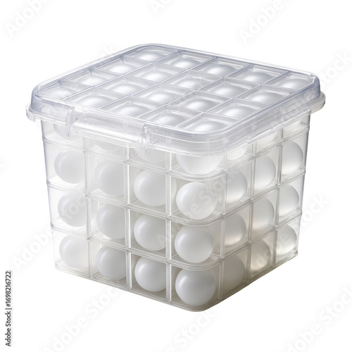 Clear plastic storage box with rounded compartments holding numerous white spheres