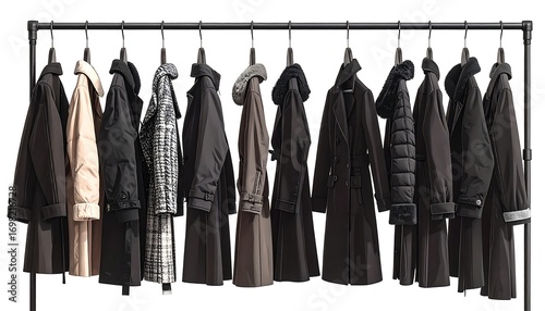 Row of coats on a metal rack