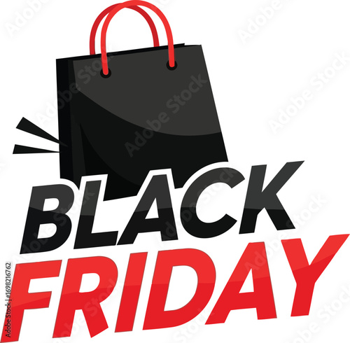 Black friday shopping bag with bold red and black text promotional graphic vector
