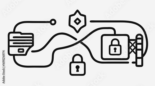 Digital Fortress: An intricate, minimalist representation of robust cybersecurity, symbolizing secure data transfer, encryption, and the protection of sensitive information against cyber threats.