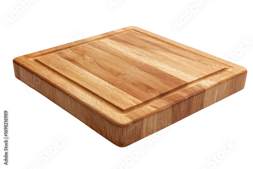 Square wooden cutting board, light tan/brown hue.  Raised edges