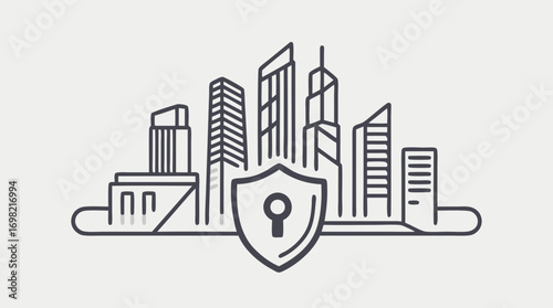 City Security in Outline: A linear illustration shows a cityscape protected by a shield and lock, evoking a sense of safety and cyber security, focusing on protection.