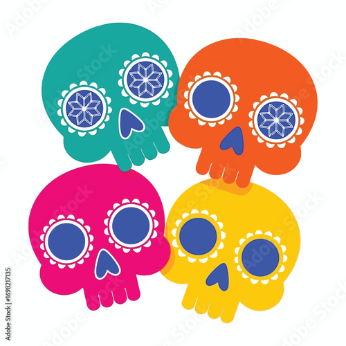 Four colorful sugar skulls with decorative eye sockets for dia de los muertos celebrations vector