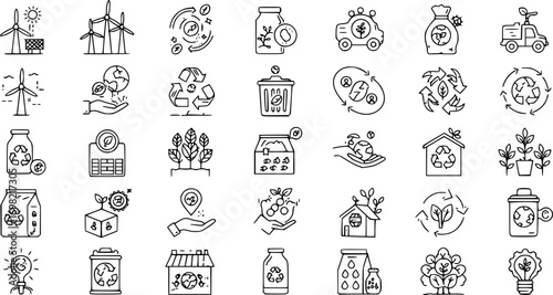 Eco-Friendly Business and Green Marketing: 40 Thin Line Icons Set with Editable Stroke. Perfect for Sustainability, Recycling, Organic and Environmentaly Friendly Products