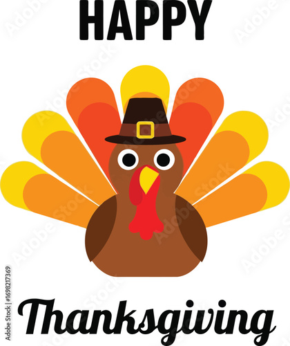 Happy thanksgiving cute turkey cartoon with autumn feathers and pilgrim hat vector