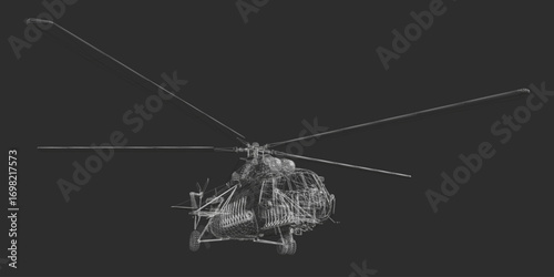 Military helicopter wireframe model on black background, featuring detailed rotor blades, landing gear, and cockpit in realistic style.