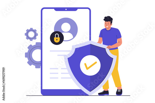 Account Privacy and Data Protection Illustration for User Security and Online Profile Management. A modern illustration depicting a man standing next to a smartphone protected by a large shield.