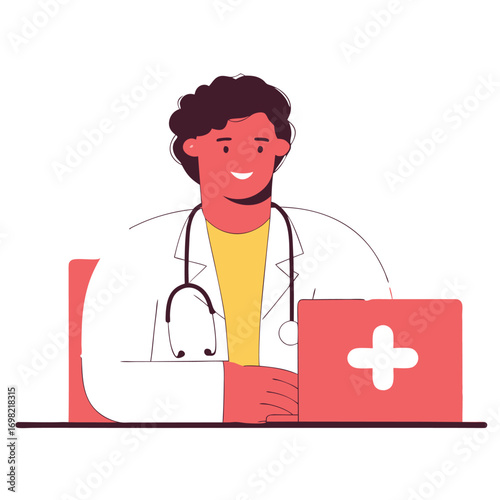Doctor wearing stethoscope and sitting at desk with medical kit