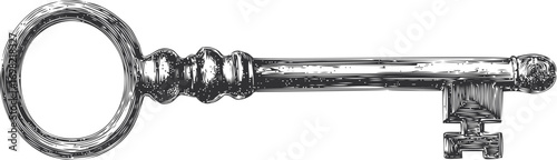 Retro vector hand drawn line art on icon, vintage skeleton key etching in black — stock vector