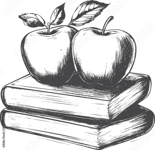 Fruit vector sketch hand drawn line art in nature, vintage apples and books engraving — stock vector
