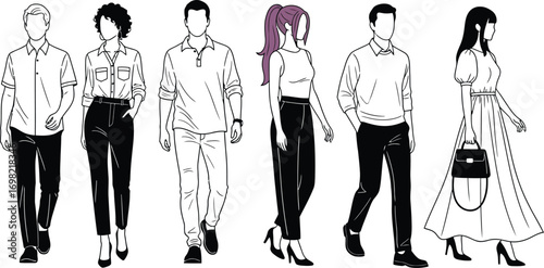 Diverse group of stylish people walking confidently in modern attire