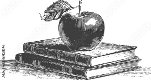 Books vector sketch hand drawn line art, vintage apple and books engraving style — stock vector