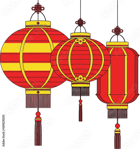 Traditional red and yellow chinese lanterns hanging for festive celebration vector