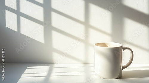 Simple white coffee mug casting shadows on a light wall with natural sunlight creating geometric patterns indoors
