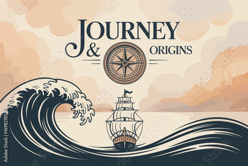 Illustration of a ship sailing on the ocean with a compass and the words journey and origins above it