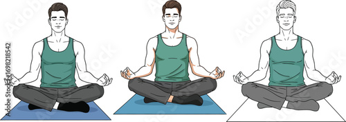 Three men in meditation poses on yoga mats, representing different stages of mindfulness or practice.