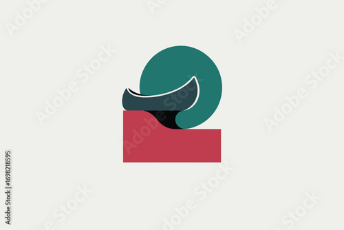 A graphic design featuring a canoe shape, a circle, and a rectangle on a white background design art