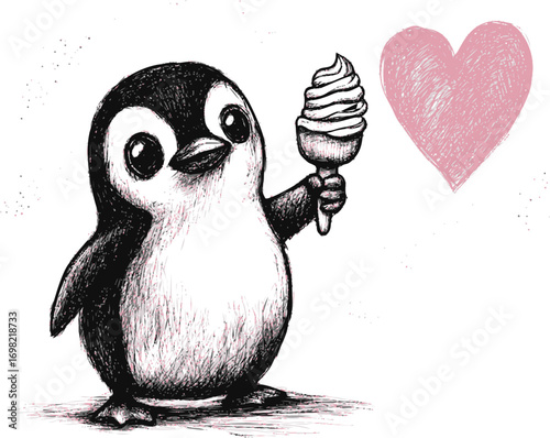 Penguin vector sketch hand drawn, cute baby penguin holding ice cream — stock vector