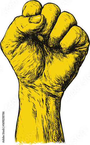 Protest vector sketch hand drawn line art on icon, raised fist in bold yellow, protest — stock vector