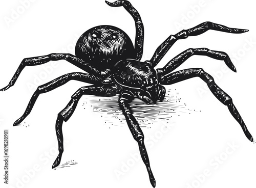 Spider vector sketch hand drawn line art in nature, black spider engraving style illustration — stock vector