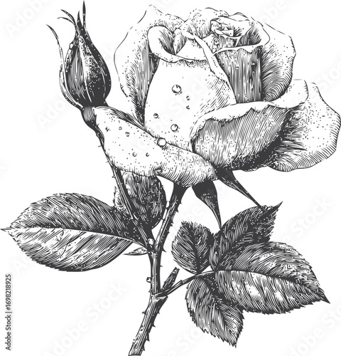 Rose vector sketch hand drawn line art in nature, vintage rose botanical engraving with detailed — stock vector